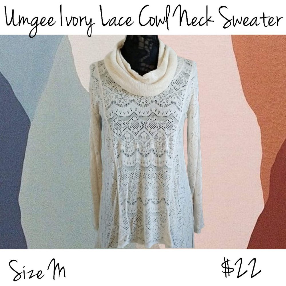 Umgee Crochet Lace cowl neck sweater Medium